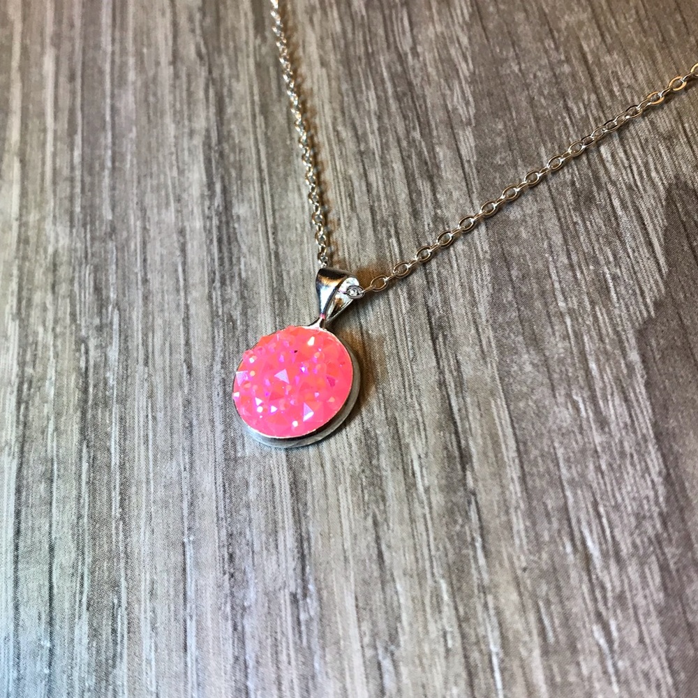 Bubble Gum Pink Prism w/Silver Necklace